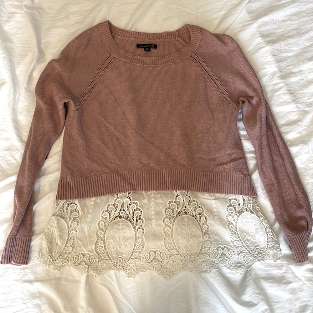 AE dusty pink sweater with lace detail